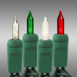 50 Ft. - Green Wire - Christmas Mini Light String - (100) Frosted, Red, Green, Clear Bulbs - 6 In. Bulb Spacing
